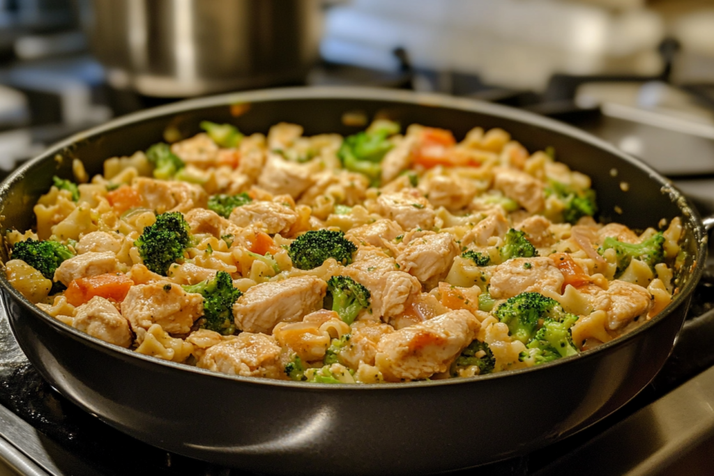 A creamy chicken broccoli ziti dish served in a white bowl, garnished with fresh parsley and grated Parmesan cheese.