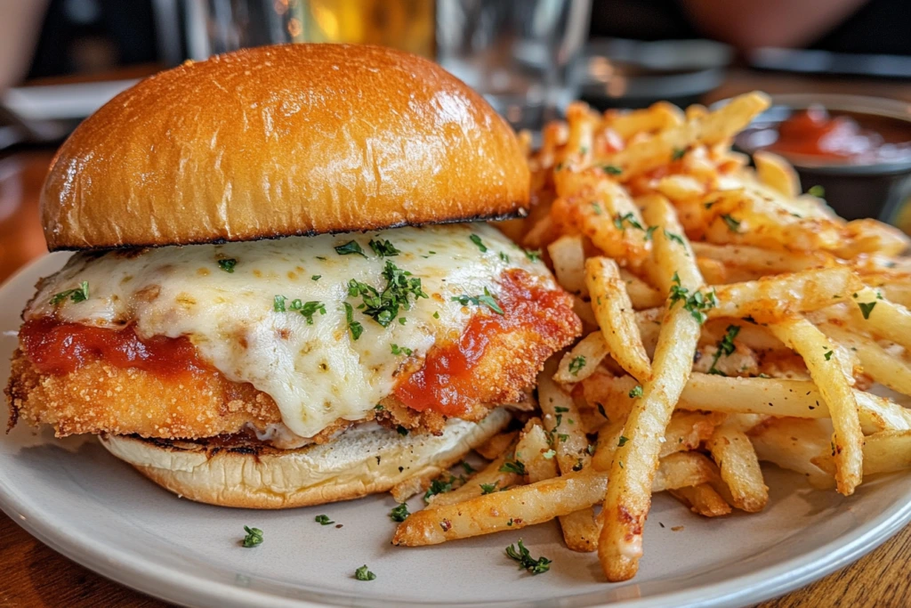 A freshly made chicken parm sandwich with crispy breaded chicken, melted mozzarella cheese, marinara sauce, and a toasted bun, served on a wooden board.