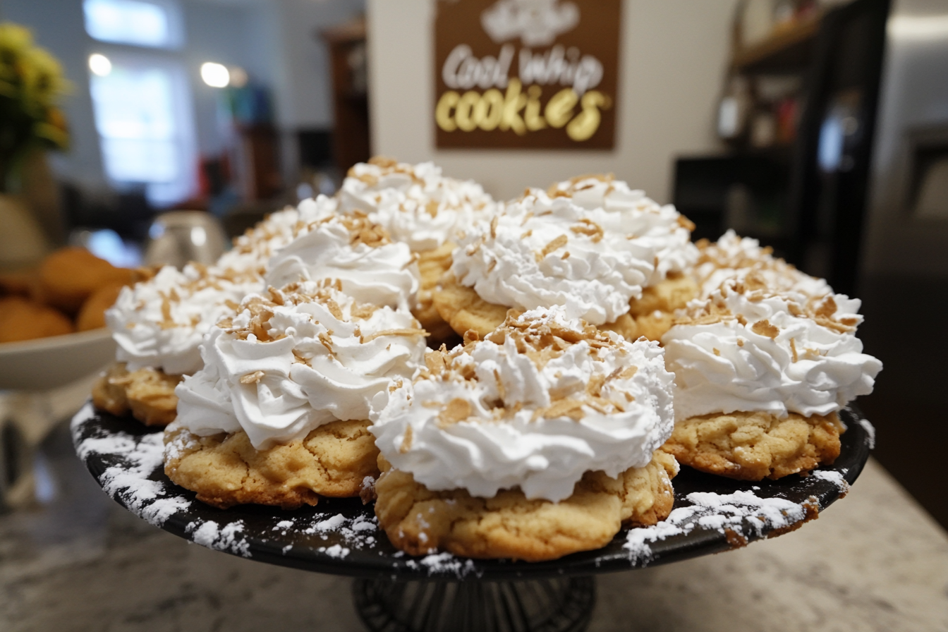 A close-up of freshly baked Cool Whip cookies with powdered sugar coating.