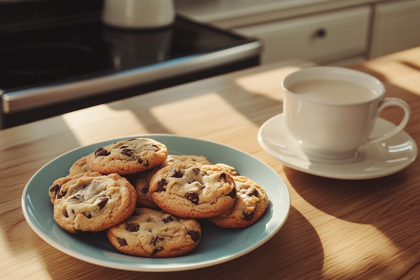 Close-up of freshly baked oatmeal raisin cookies made with dairy-free ingredients, arranged on a wooden table with a sprinkle of cinnamon.