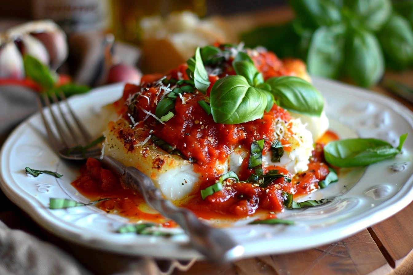 Plated halibut topped with marinara sauce and garnished with basil