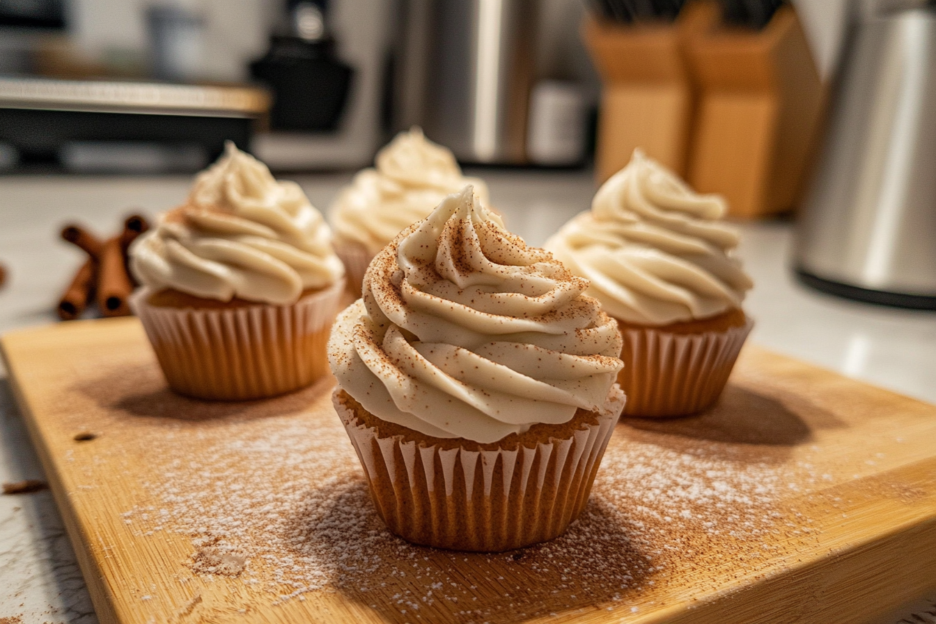 A bowl of cinnamon cream cheese frosting with a creamy texture, garnished with a sprinkle of ground cinnamon on top.