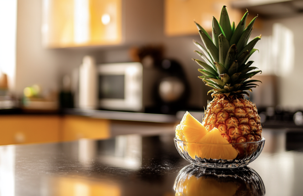 Freshly sliced pineapple pieces soaking in a bowl of salt water, surrounded by a kitchen setting with ripe pineapple in the background.