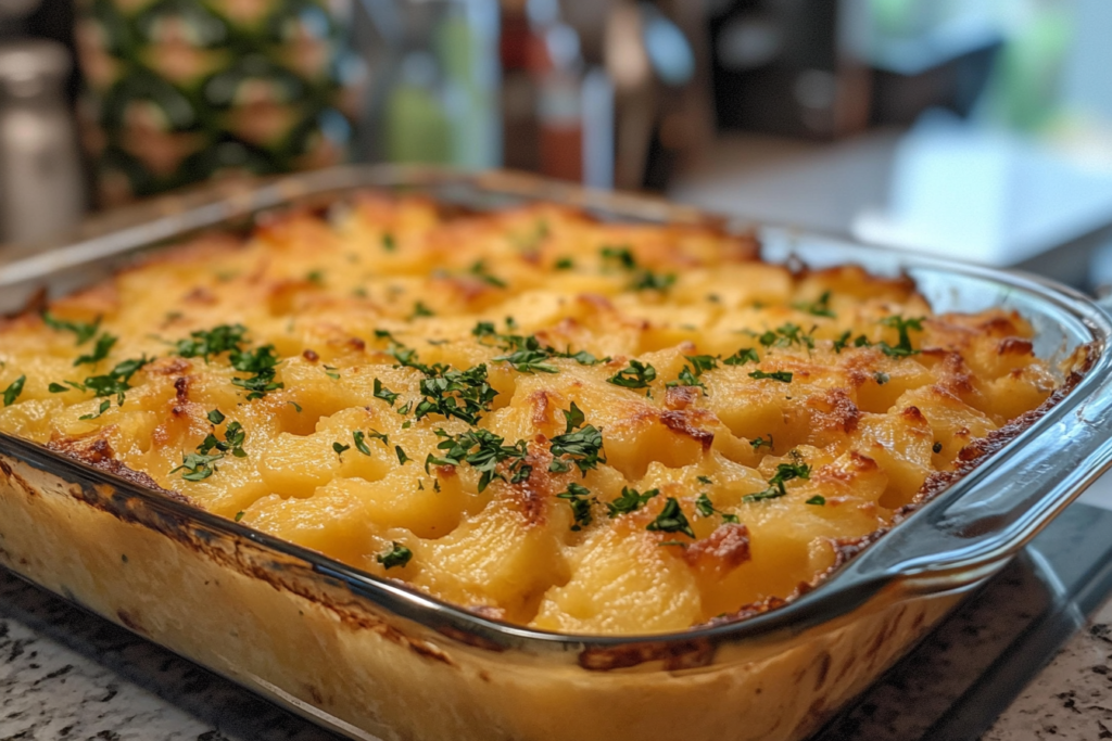 Cheese-free pineapple casserole served in a white baking dish with a golden, crispy cracker topping, garnished with fresh pineapple slices.