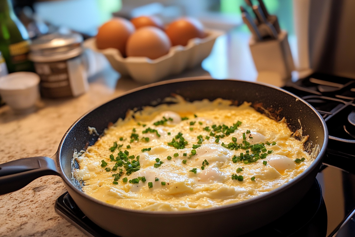 Fluffy scrambled eggs with creamy cottage cheese served on a white plate garnished with fresh chives.