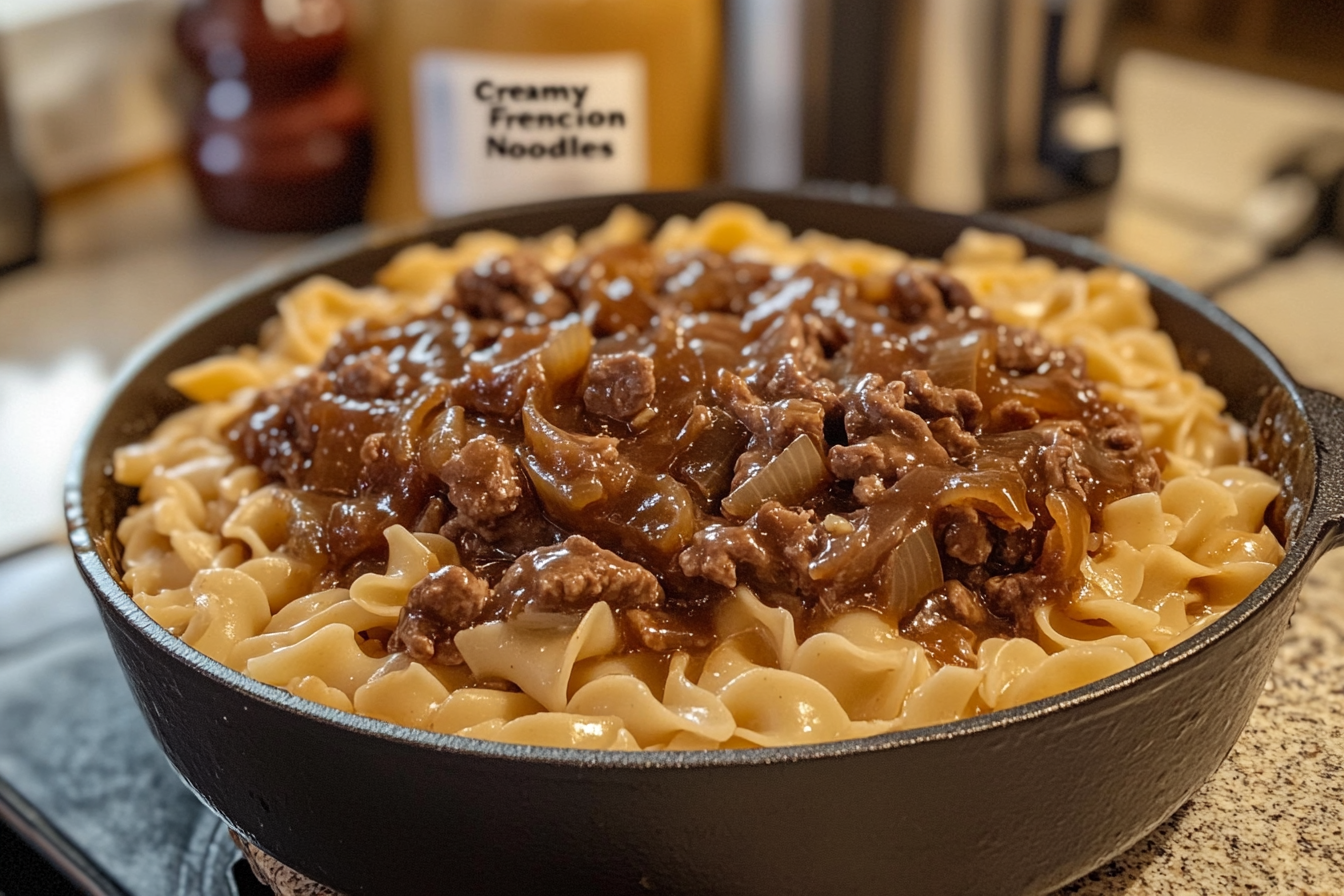 Creamy French onion beef and noodles casserole with caramelized onions and rich beef in a creamy sauce.