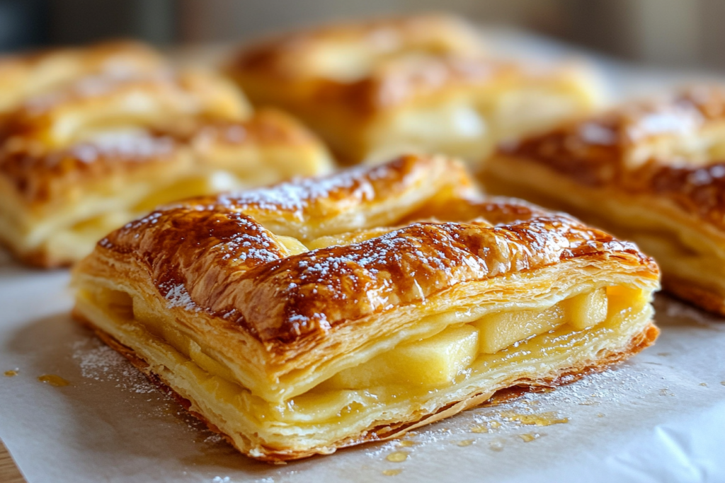 Golden apple puff pastry with a flaky crust and spiced apple filling, served on a wooden plate with a dusting of powdered sugar.