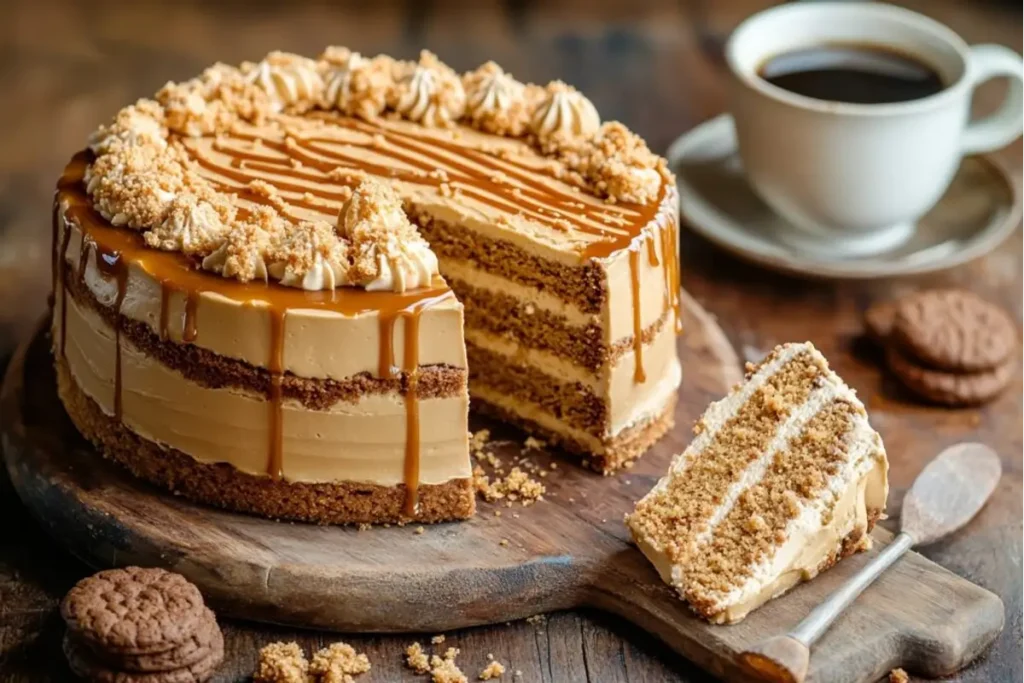 A freshly baked cookie butter cake topped with cookie crumbs and caramel drizzle on a wooden serving board, with a slice cut out and coffee beside it.