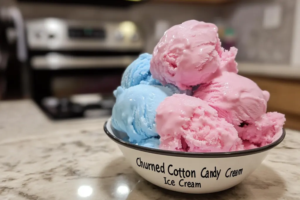 Cotton candy ice cream with pink and blue swirls in a cone