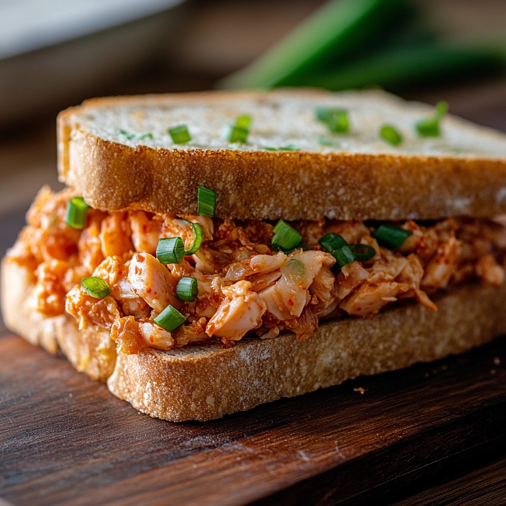 A close-up of a kimchi tuna sandwich, golden and crispy, sliced diagonally and served with fresh pickled vegetables on a ceramic plate.