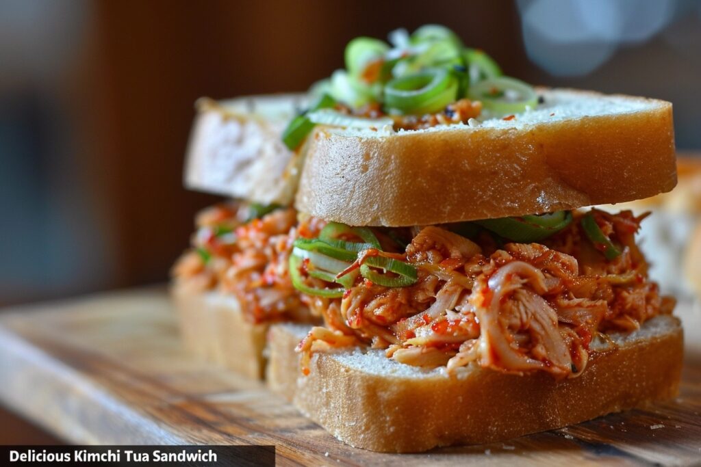 Close-up view of a kimchi tuna sandwich being assembled with sourdough bread, creamy tuna-kimchi mixture, and garnished with fresh green onions