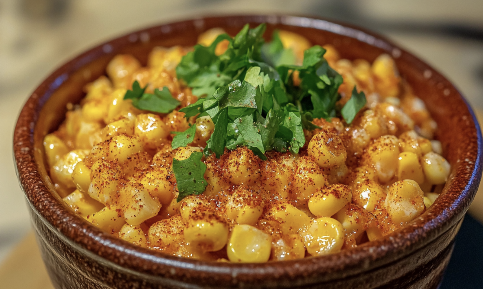 Street corn dip with Tajín and canned corn served in a bowl, garnished with cilantro, lime, and a sprinkle of cheese, surrounded by tortilla chips.