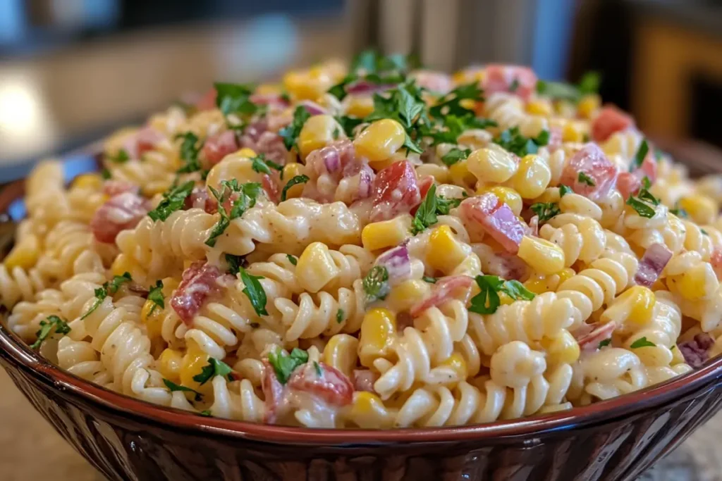 Street Corn Pasta Salad with creamy dressing, lime, chili powder, and cotija cheese, perfect for summer cookouts and BBQs.