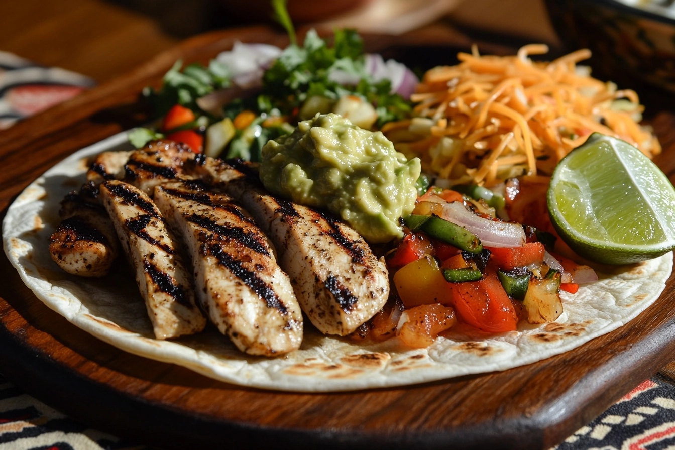 Freshly prepared fajitas on a wooden board with grilled chicken, colorful bell peppers, and garnishes like guacamole and lime wedges.