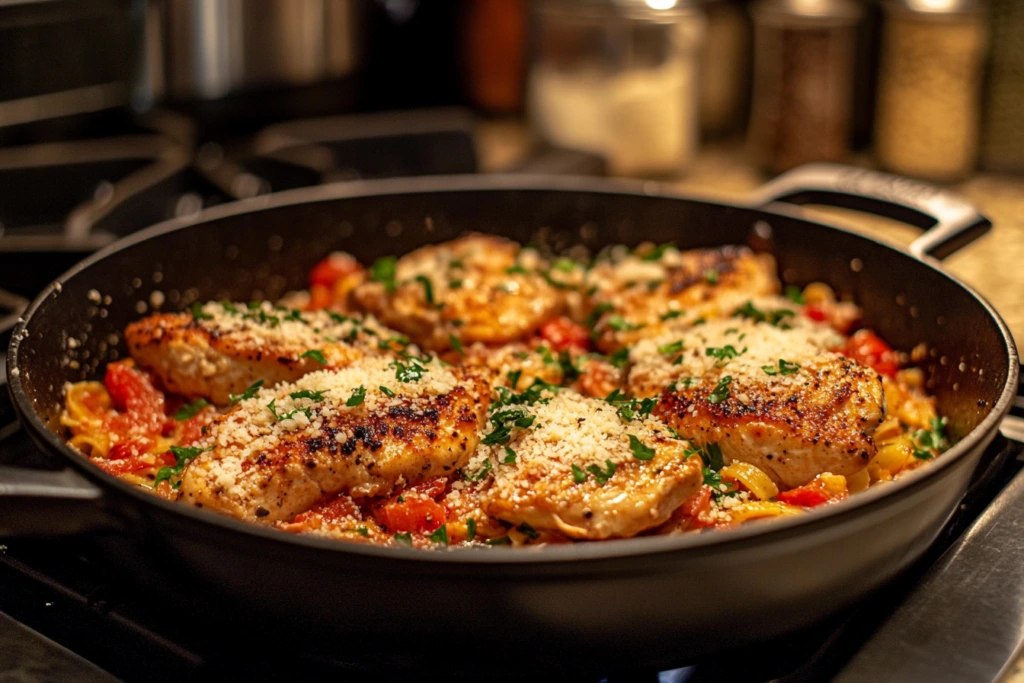 A bowl of creamy garlic parmesan chicken pasta, garnished with freshly chopped parsley, served on a rustic wooden table with a fork beside it.