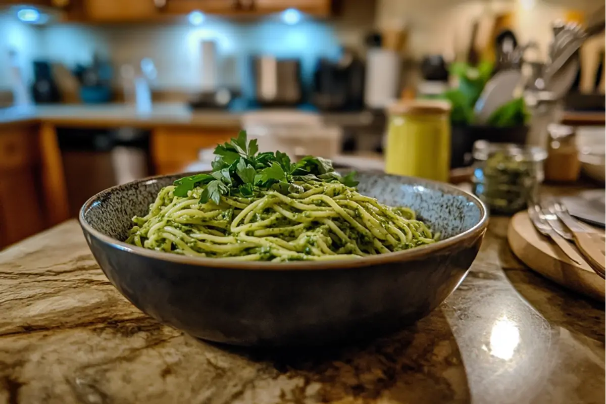 A bowl of vibrant green spaghetti, tossed with a creamy spinach and herb sauce, garnished with grated parmesan and fresh basil leaves.