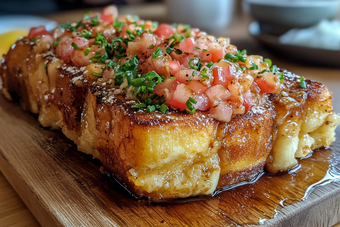 A plate of Hawaiian Roll French Toast topped with fresh berries, a dusting of powdered sugar, and a drizzle of syrup, served with a side of whipped cream.