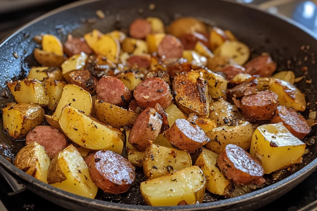 A plate of kielbasa sausage slices and roasted potatoes, garnished with fresh herbs, served with caramelized onions and a side of colorful vegetables.