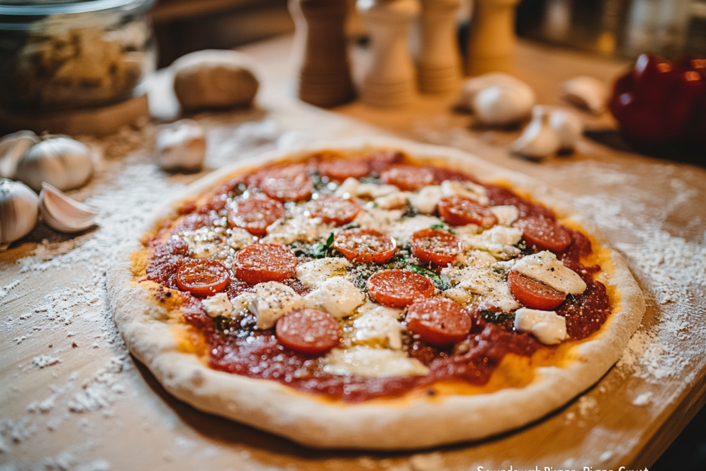 Freshly baked sourdough pizza crust with a golden-brown, crispy edge and soft, airy texture, topped with vibrant fresh ingredients.