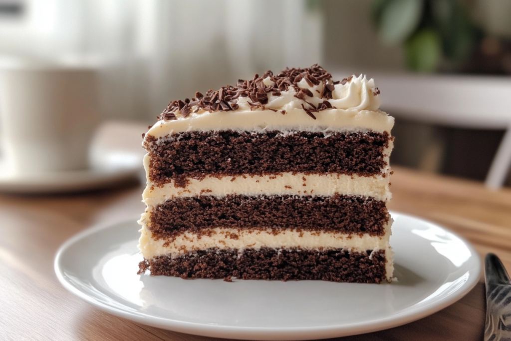 Decadent Matilda Cake with rich chocolate layers and glossy fudge frosting, topped with chocolate shavings and served on a rustic wooden table.