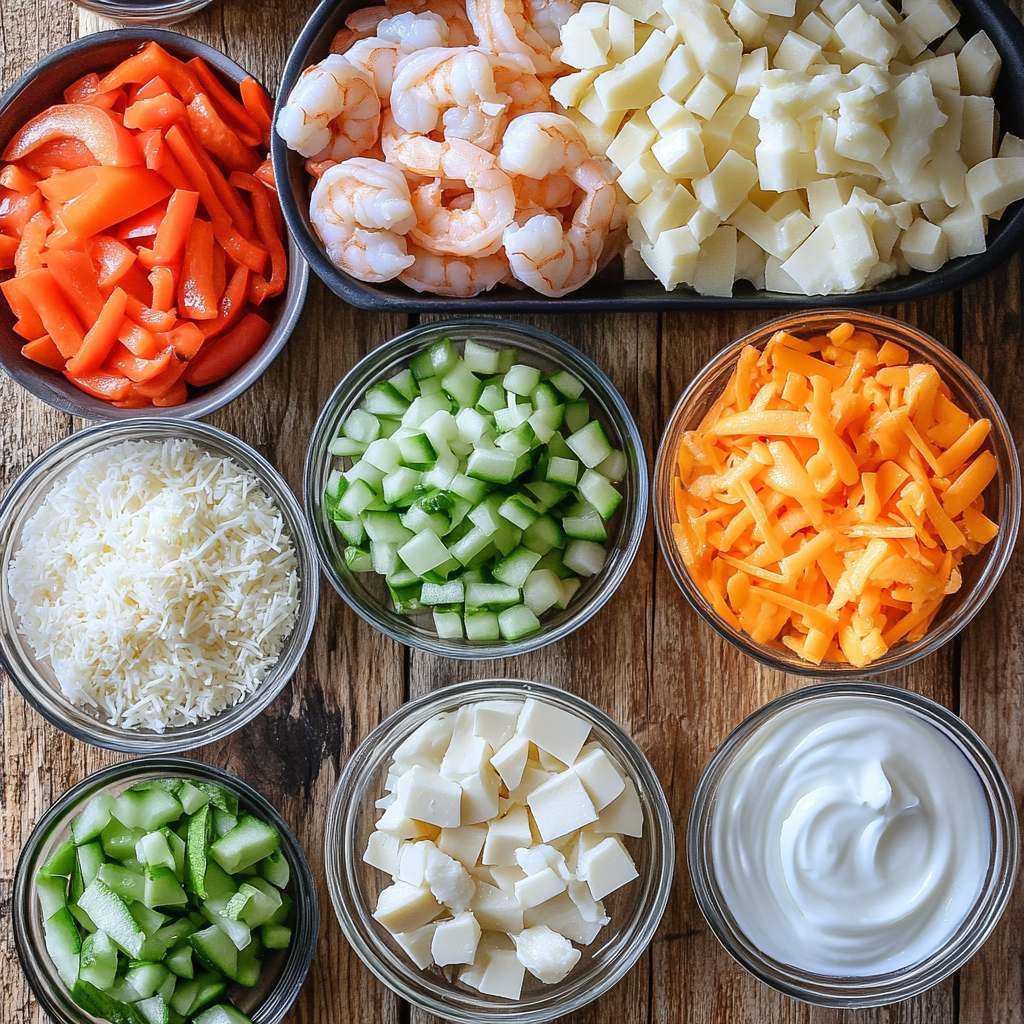 A baking dish being assembled with layers of shrimp, vegetables, creamy sauce, and shredded cheese, ready to be baked.