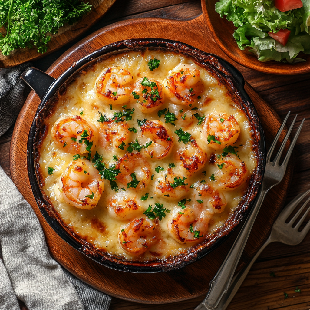 A freshly baked shrimp casserole in a dish with a golden, bubbly cheese crust, tender shrimp, creamy layers, and parsley garnish.