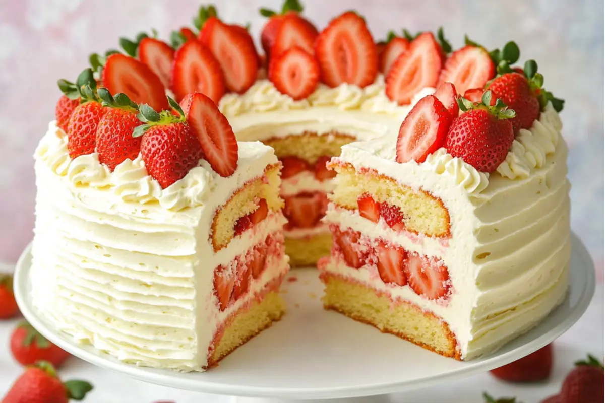 A beautifully layered strawberry cake with strawberry filling, topped with fresh strawberries and cream, displayed on a white cake stand.