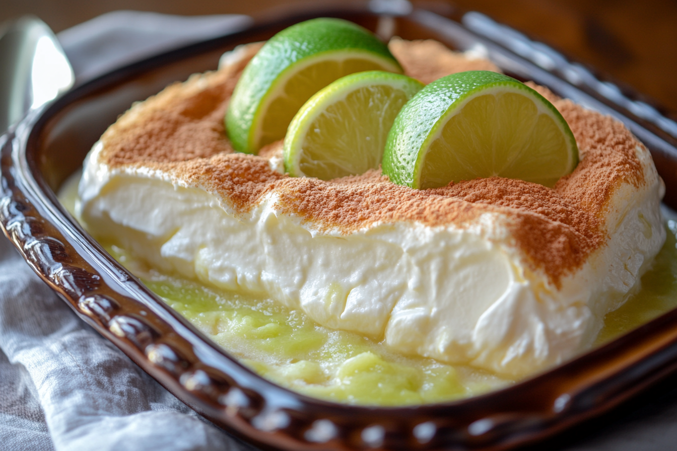 Close-up of Carlota de Limón served in a glass dish, featuring creamy lime layers and a garnish of lime slices and zest.