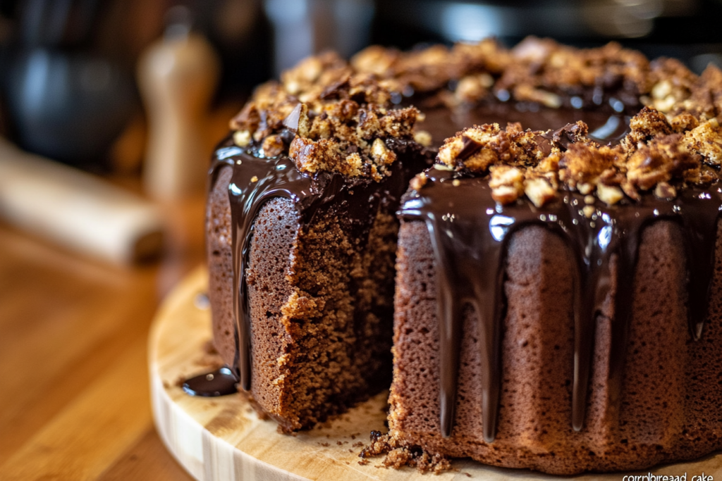 A moist and decadent cornbread chocolate cake, served on a wooden table, topped with a light dusting of powdered sugar and a side of fresh raspberries.