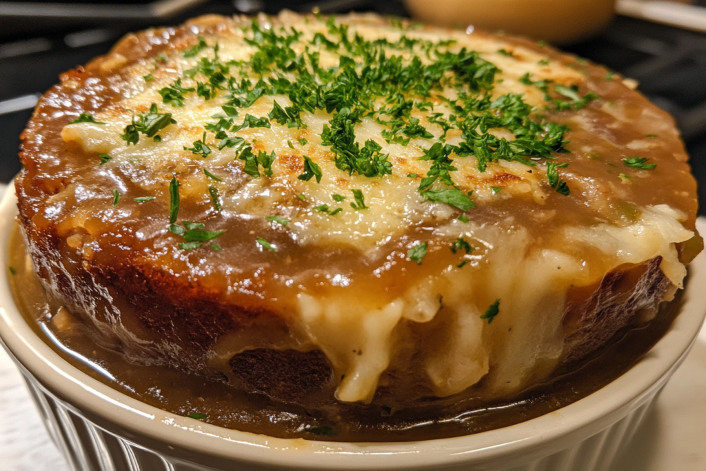 Freshly baked Lipton Onion Soup Meatloaf served on a white plate with a tangy ketchup glaze and garnished with fresh parsley.