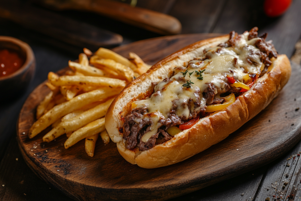 A cheesy Philly steak sandwich filled with tender beef, melted cheese, sautéed onions, and bell peppers, served on a toasted hoagie roll.