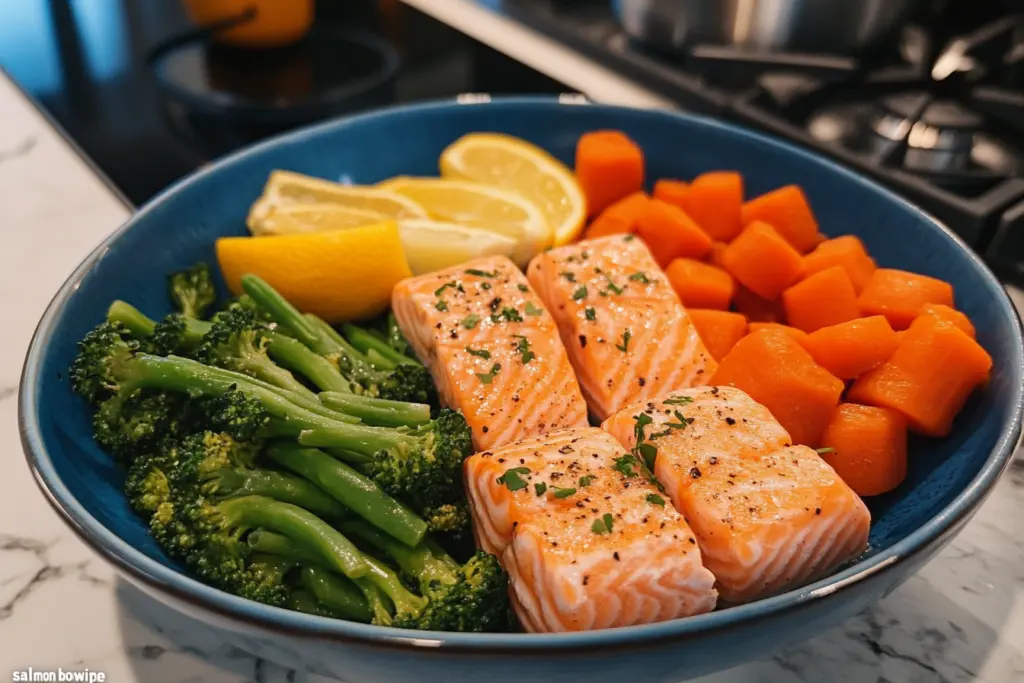 Healthy Salmon Bowl with grilled salmon, fresh vegetables, avocado, and rice, topped with a light sauce.