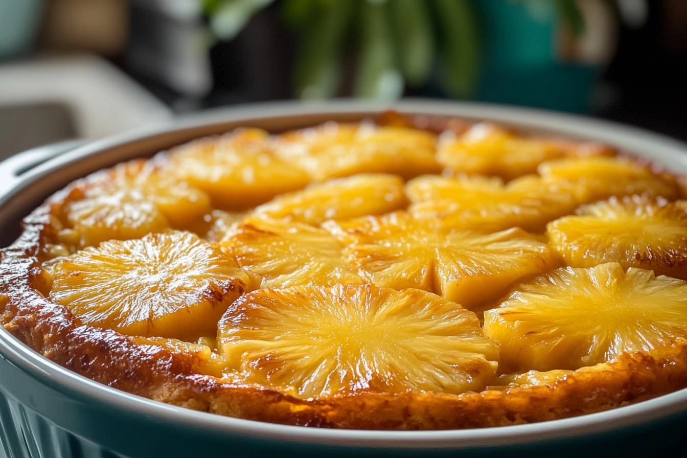 A golden pineapple casserole topped with buttery Ritz crackers and melted cheddar cheese, served in a white baking dish.