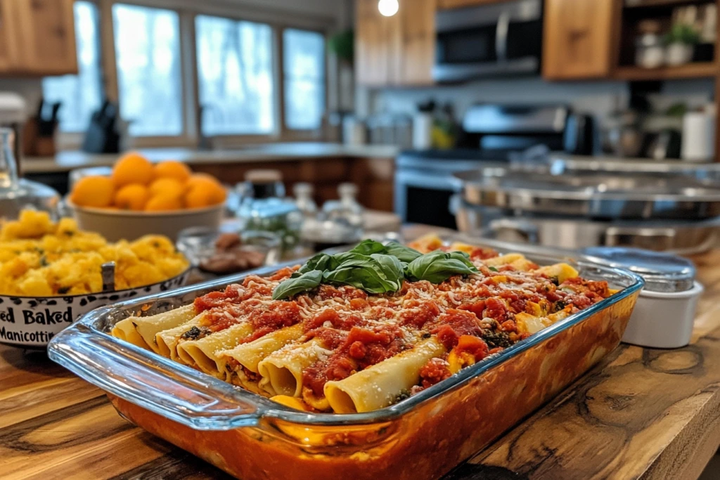 A plate of perfectly baked manicotti pasta filled with ricotta and topped with marinara sauce, melted mozzarella, and fresh basil, served on a white plate with a garnish of grated parmesan.