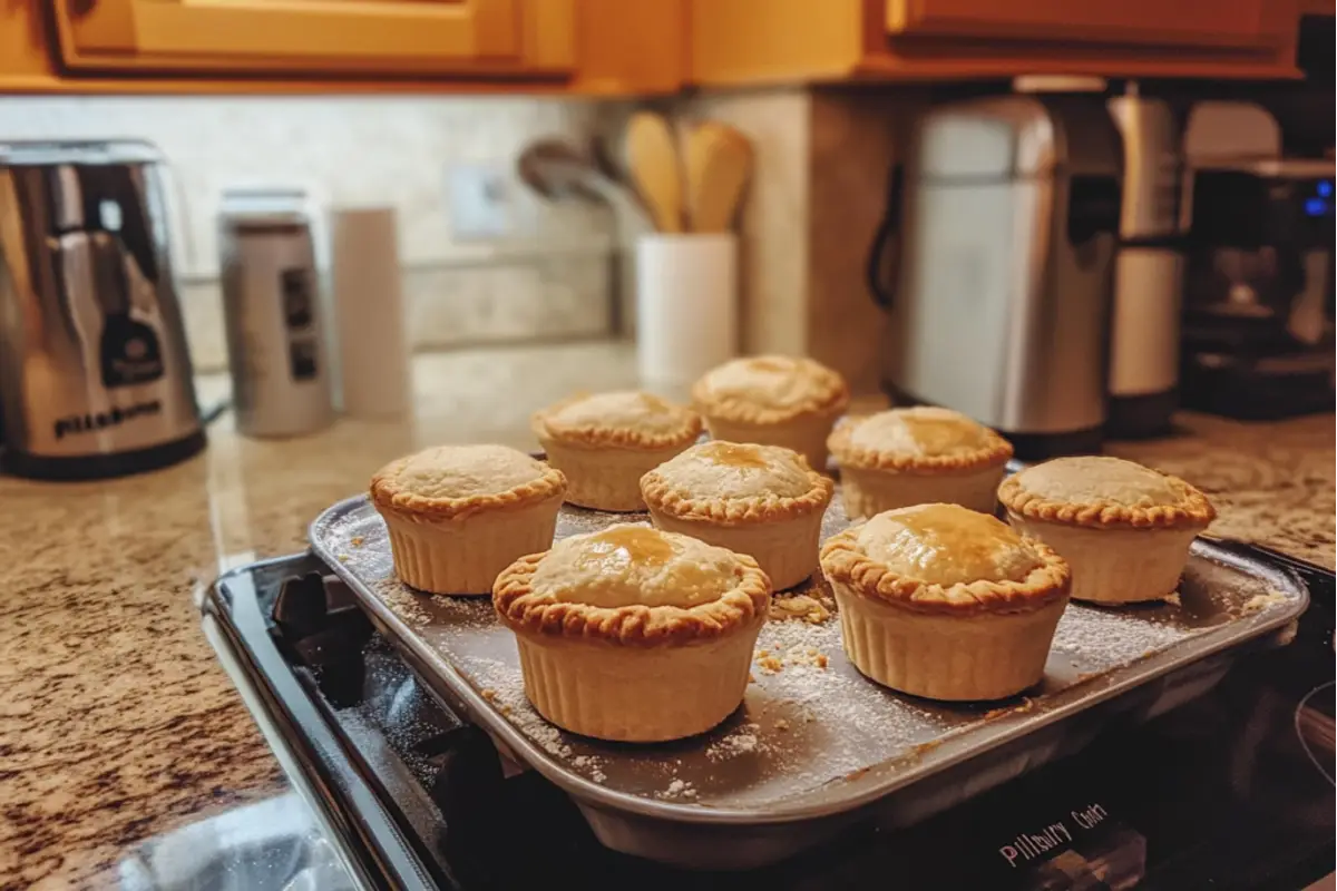 A freshly baked Pillsbury chicken pot pie with a golden, flaky crust, revealing a creamy chicken and vegetable filling inside, served on a rustic plate with a side salad.