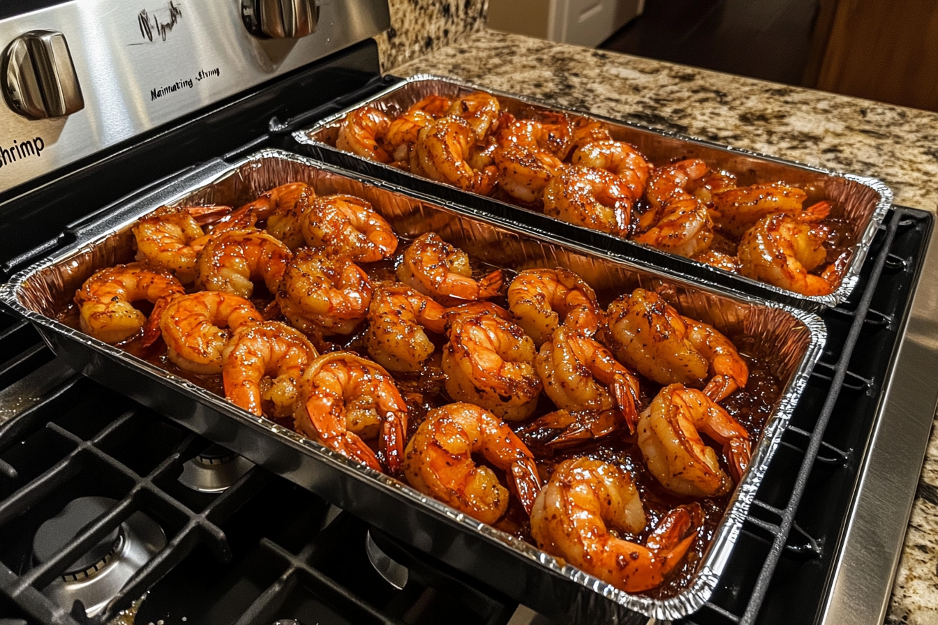 A platter of grilled BBQ shrimp, charred to perfection, served with a wedge of lemon and garnished with fresh herbs and spices.