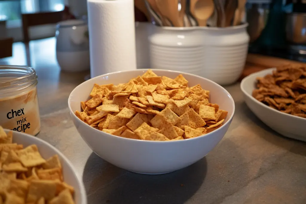 Homemade Chex Mix with crispy cereal, pretzels, nuts, and a savory seasoning blend, perfect for snacking or parties.