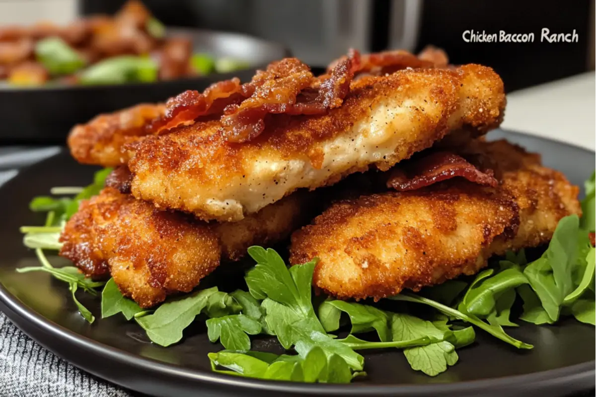 A plate of Chicken Bacon Ranch, featuring grilled chicken breast topped with crispy bacon, creamy ranch dressing, and a garnish of fresh herbs, served alongside a colorful salad.