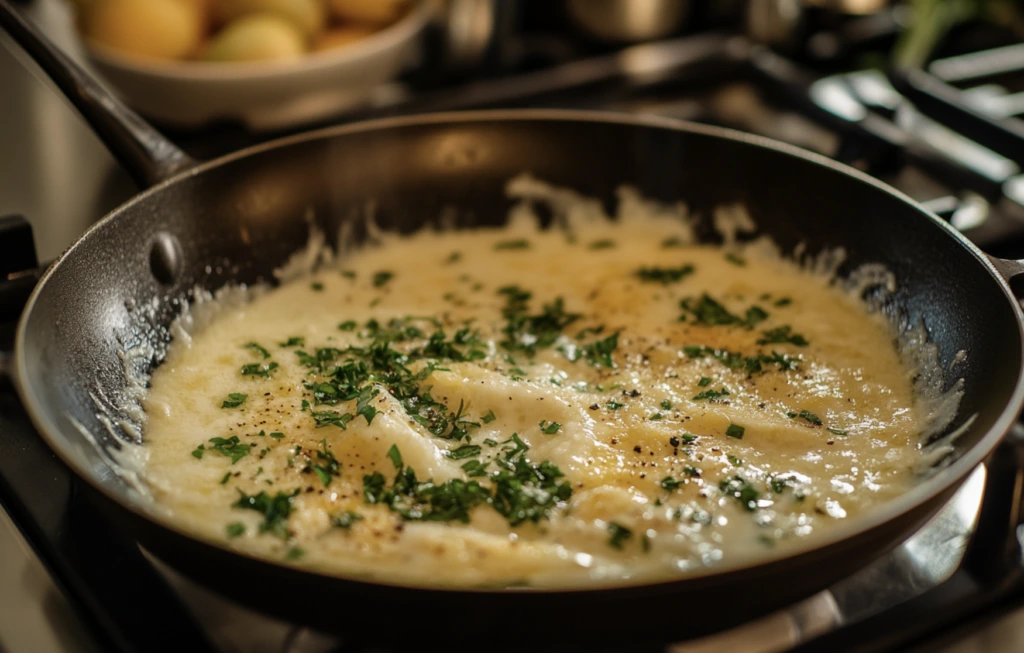 A close-up of a creamy garlic parmesan sauce in a small bowl, with garlic cloves and a sprinkle of grated parmesan around it, set on a rustic wooden surface.