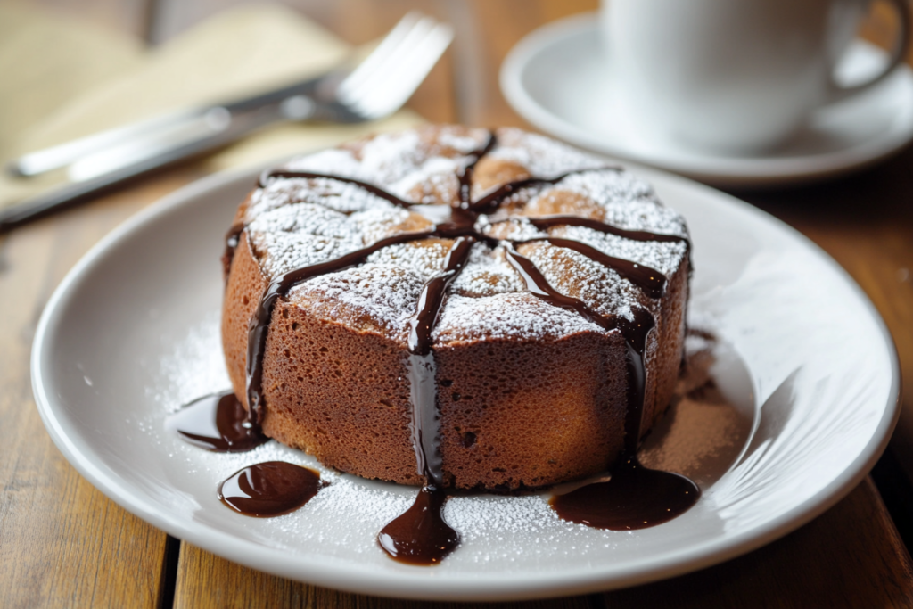 A beautifully baked golden chocolate cake on a white plate, garnished with powdered sugar and a drizzle of chocolate sauce, placed on a wooden table.