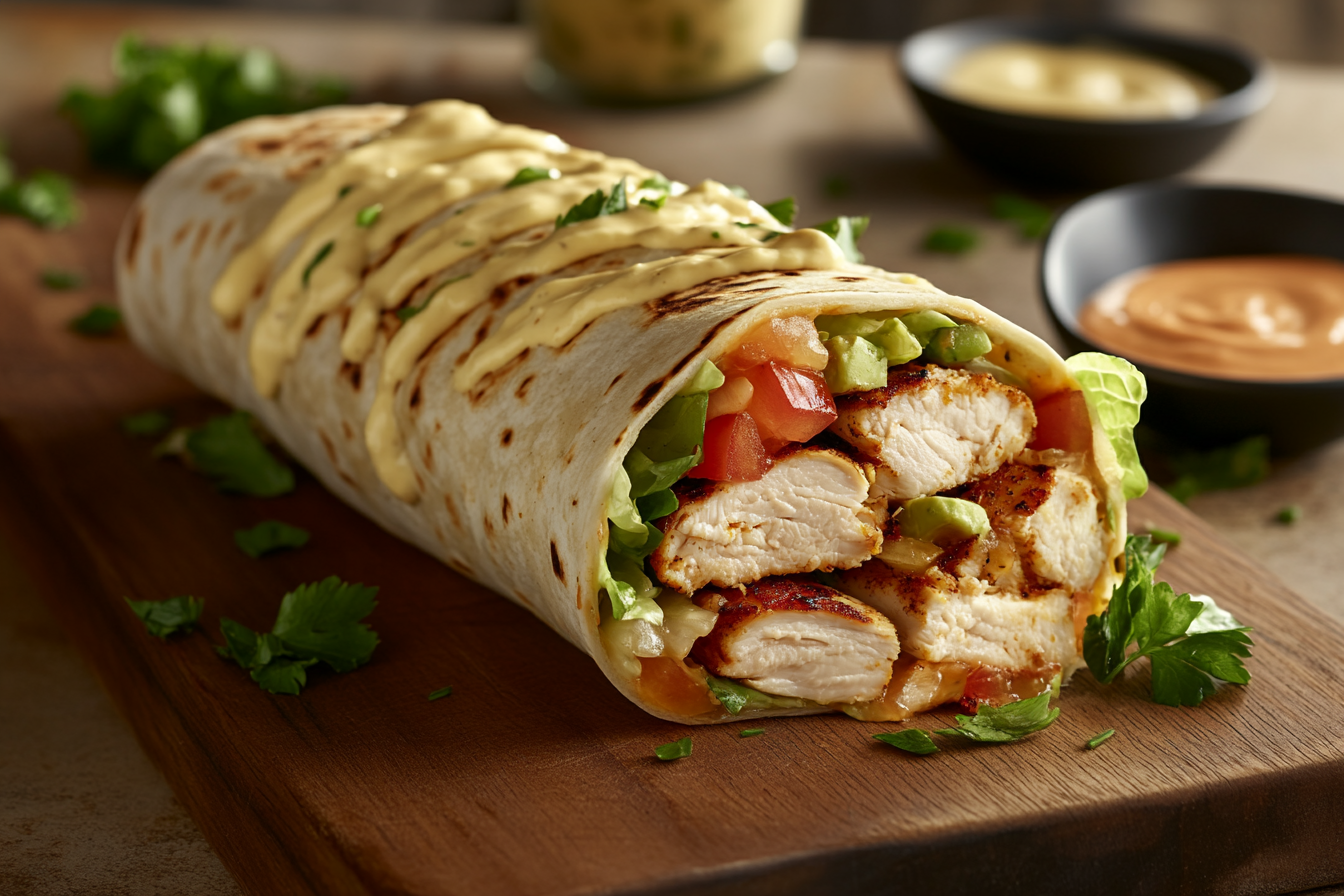 Delicious wrap poulet filled with grilled chicken, fresh vegetables, and creamy sauce, served on a wooden plate with a side of dipping sauce.