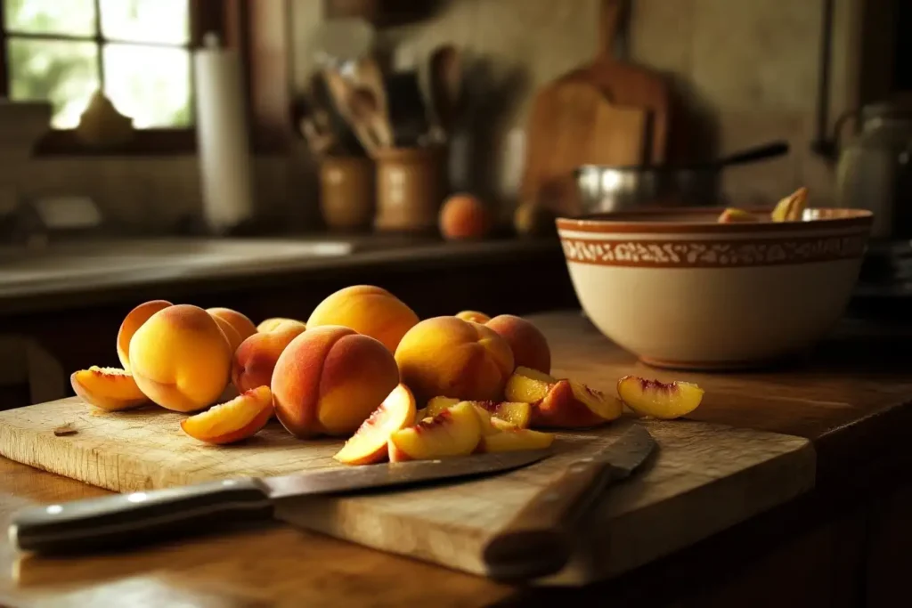 Fresh peaches being peeled and sliced on a wooden countertop, with a paring knife, cutting board, and a bowl for peach slices in the background.