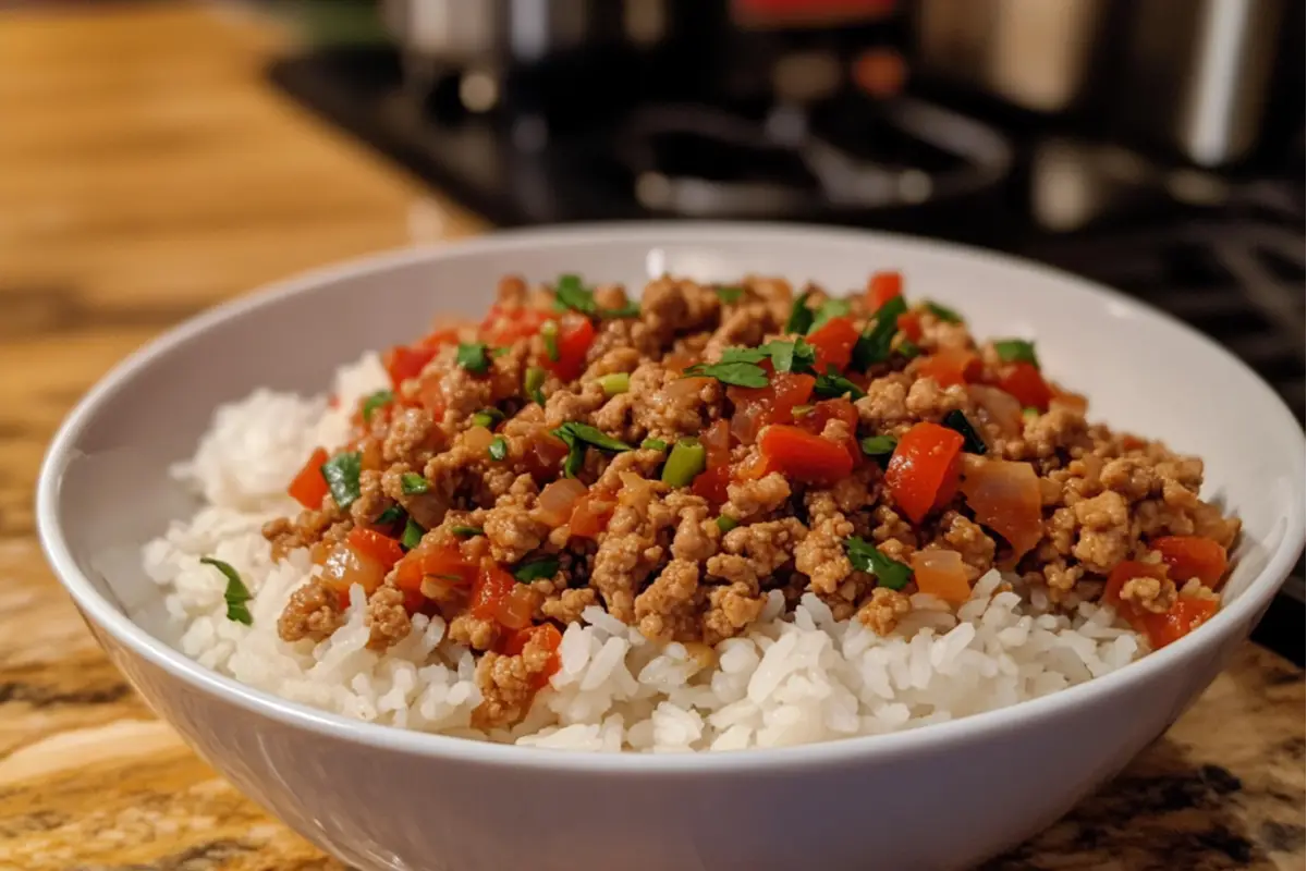 A bowl of ground turkey and rice stir-fry with colorful vegetables, garnished with fresh herbs, served with a side of sliced avocado and lime wedges.