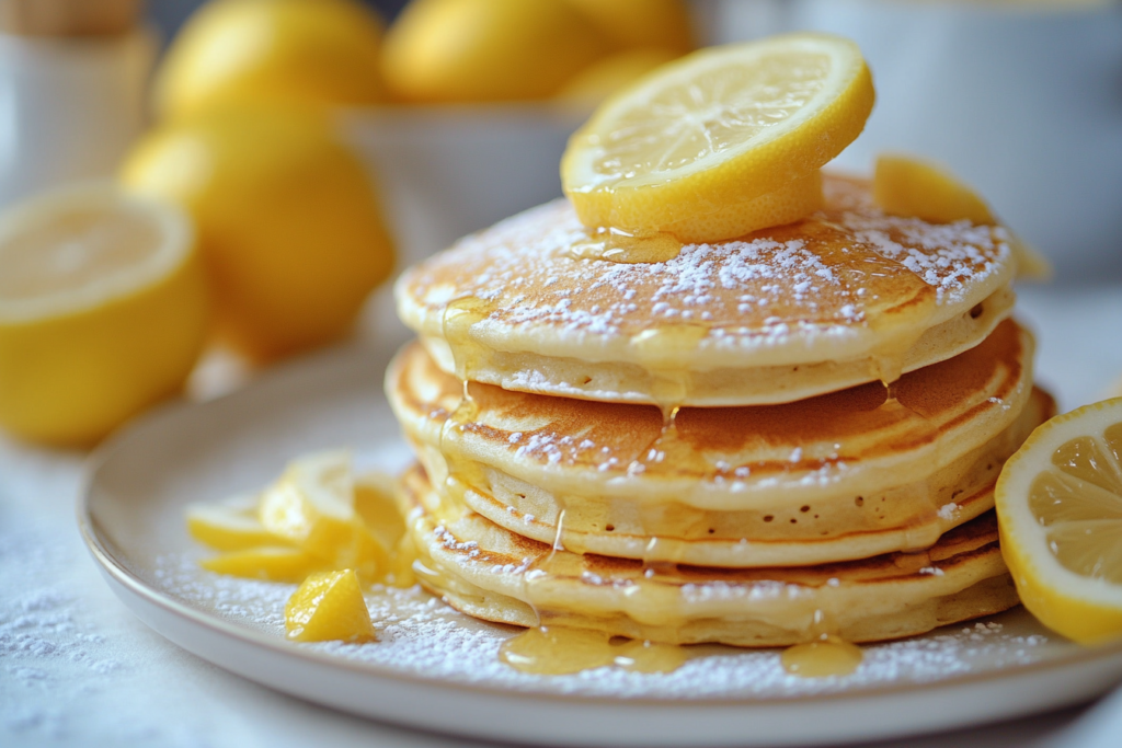 A stack of golden, fluffy lemon ricotta pancakes topped with fresh berries, a dollop of whipped cream, and a drizzle of maple syrup on a white plate.