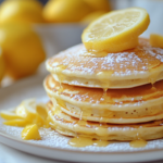 A stack of golden, fluffy lemon ricotta pancakes topped with fresh berries, a dollop of whipped cream, and a drizzle of maple syrup on a white plate.