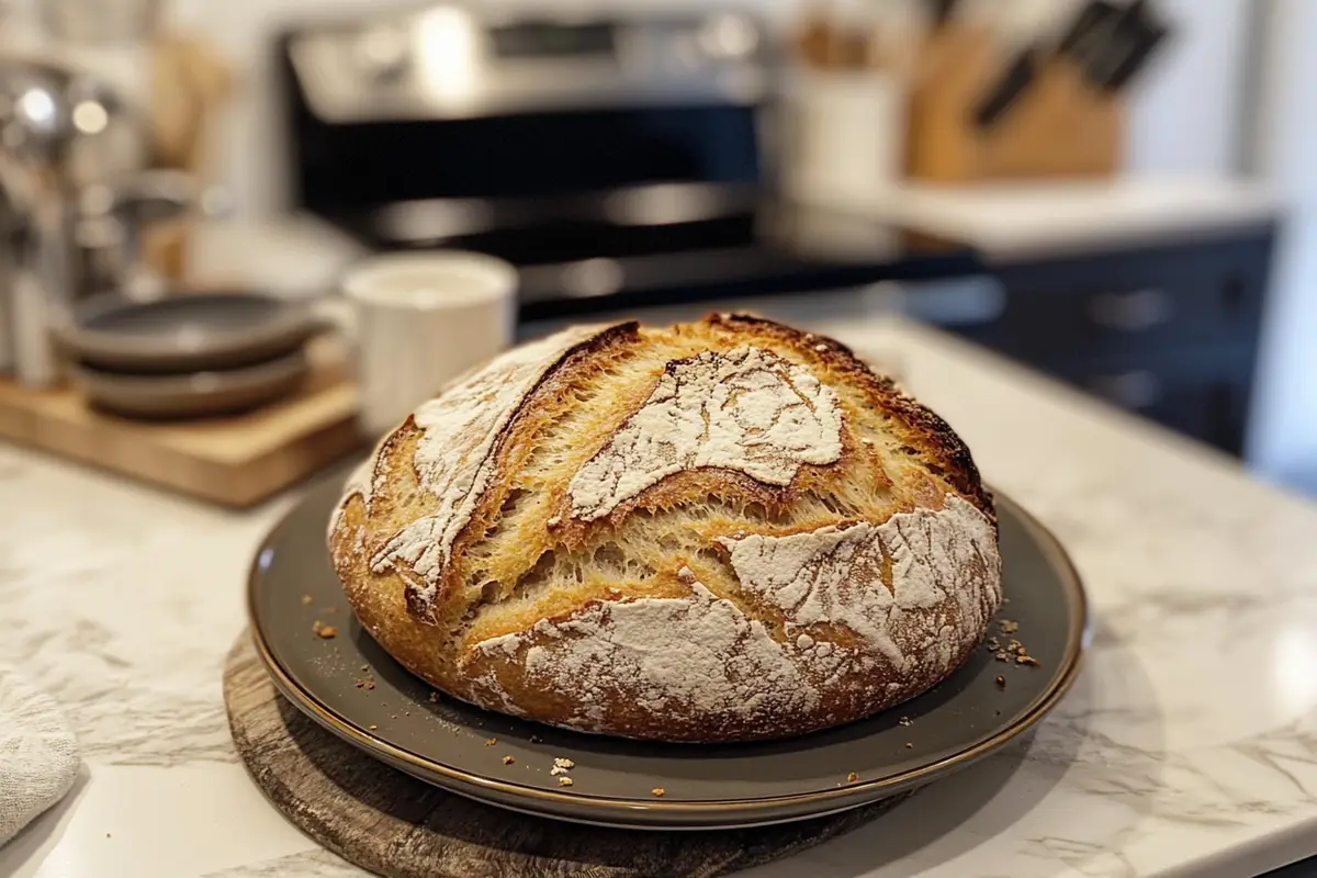 A moist slice of sourdough discard banana bread with a golden crust, served on a wooden board surrounded by bananas and nuts.