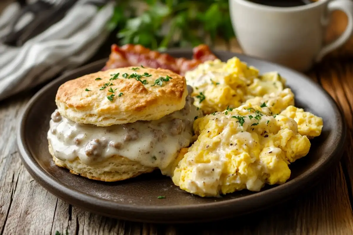 A classic biscuit breakfast with golden-brown biscuits, fluffy scrambled eggs, and a side of fresh fruit on a rustic wooden table.