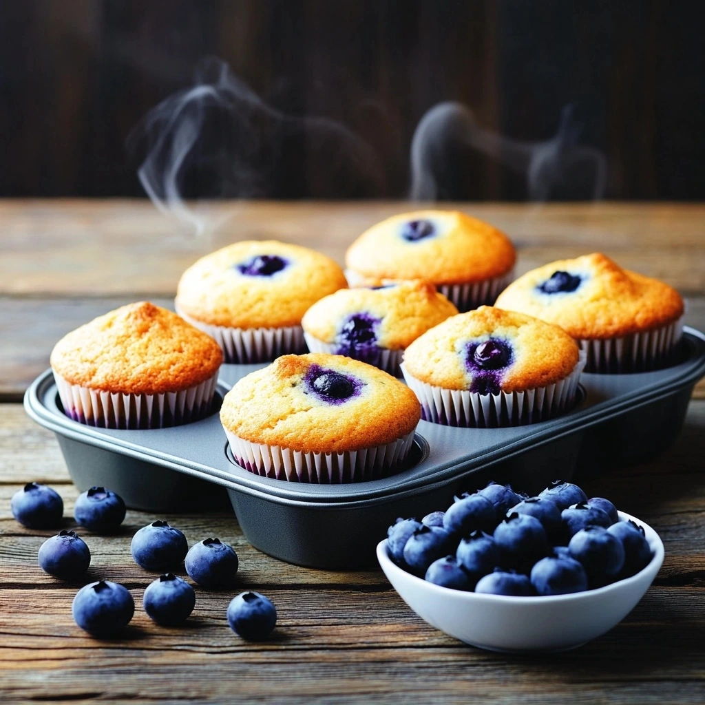 Freshly baked Bisquick blueberry muffins in a tin, surrounded by fresh blueberries and a cup of coffee on a rustic wooden table.