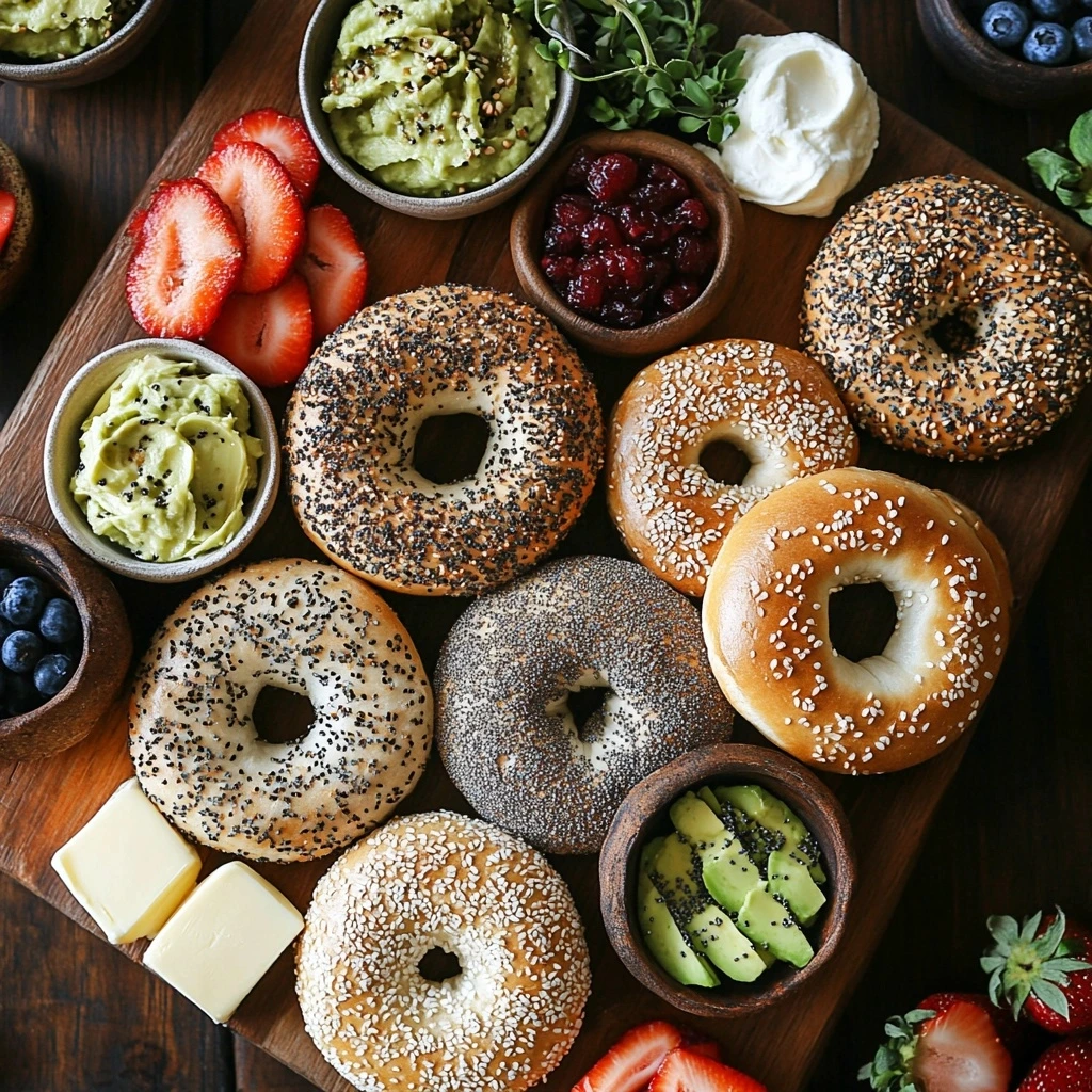 An assortment of breakfast bagels with sesame, poppy seed, and everything toppings on a wooden board, served with cream cheese and smoked salmon.