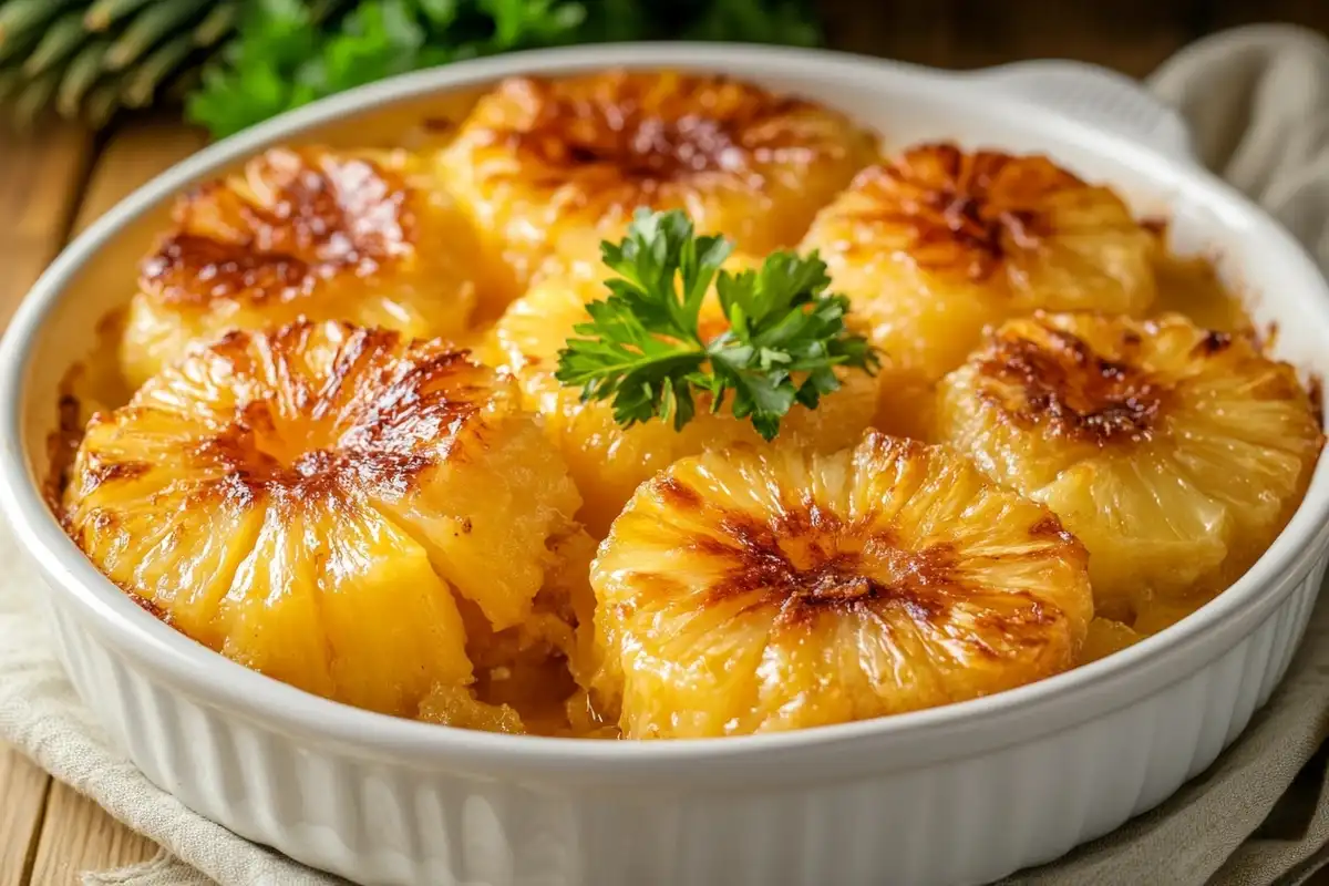 Golden-brown pineapple casserole in a white baking dish with crispy cracker topping, garnished with fresh parsley, served on a rustic wooden table.